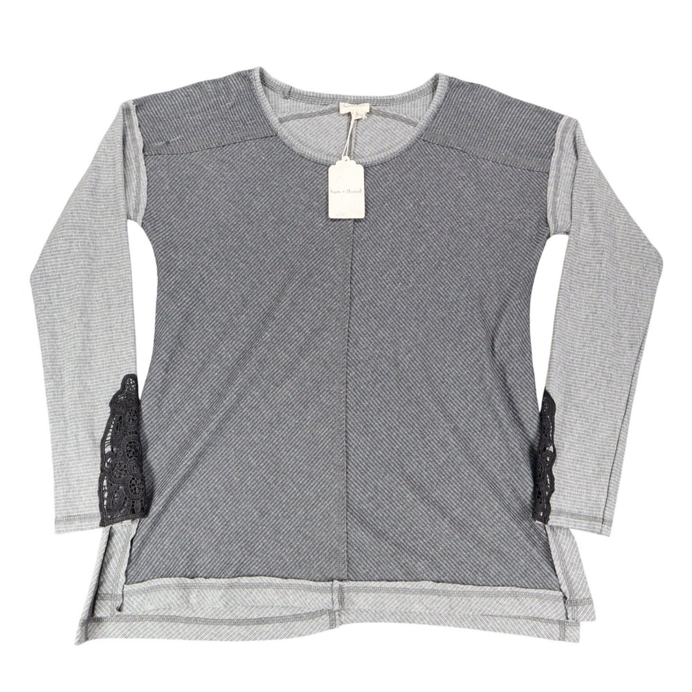 Hem & Thread Top Womens Medium Gray Ribbed Knit Lace Detail Long Sleeve New